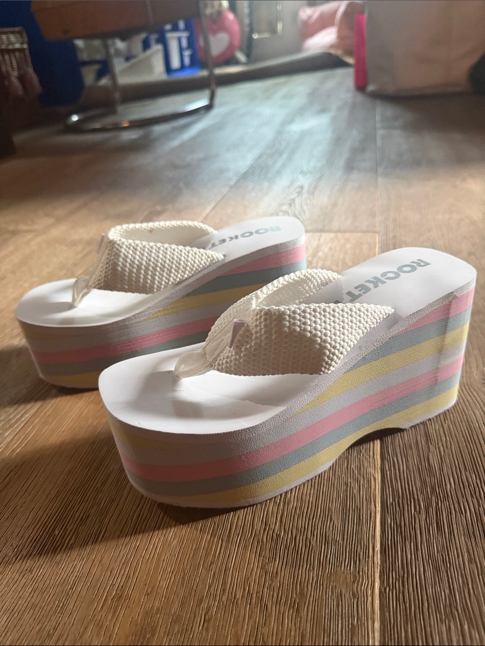 Rocket Dog Cream Platform Flip Flops with Pastel Stripes